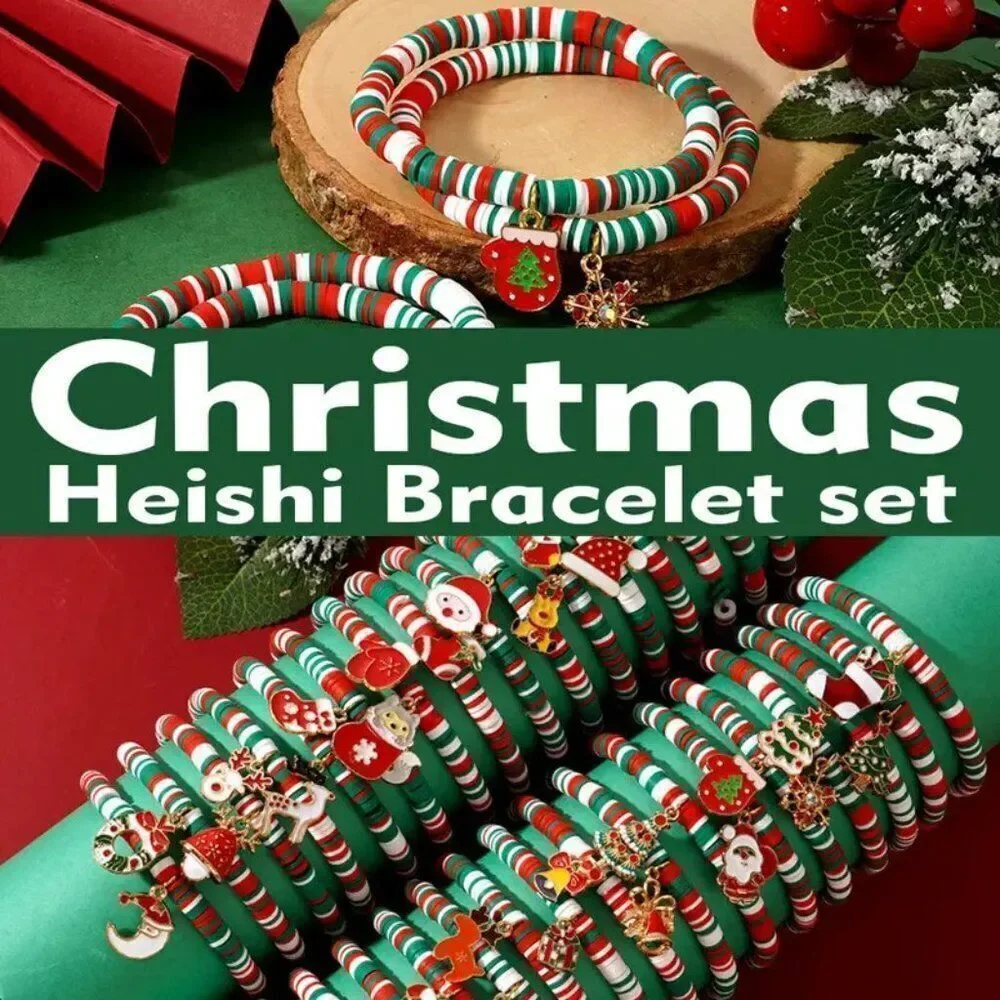 Random 10pcs Bohemian Style Christmas Heishi Adjustable Elastic Bracelet Set